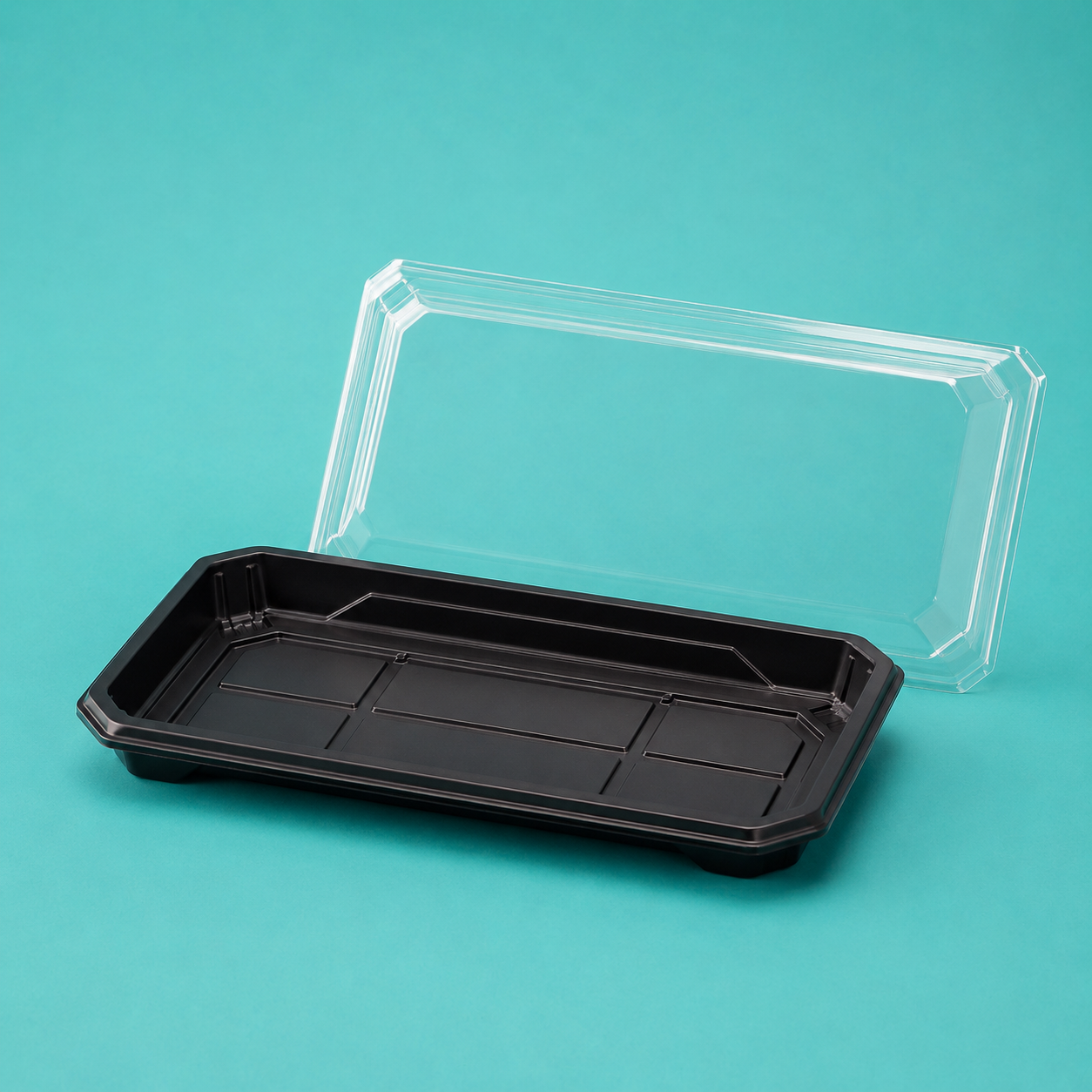 Charola para sushi negra con tapa de PLA