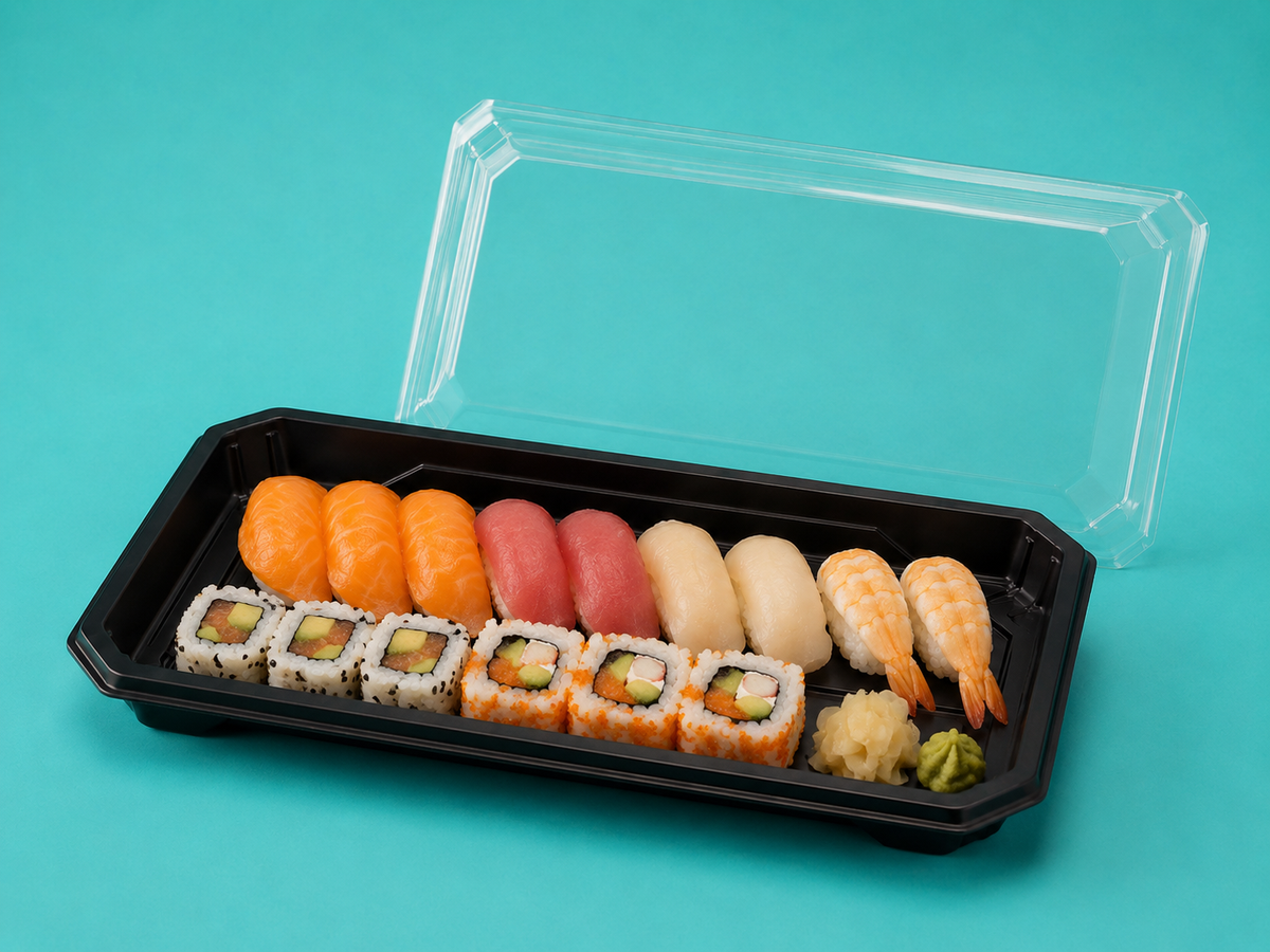 Charola para sushi negra con tapa de PLA