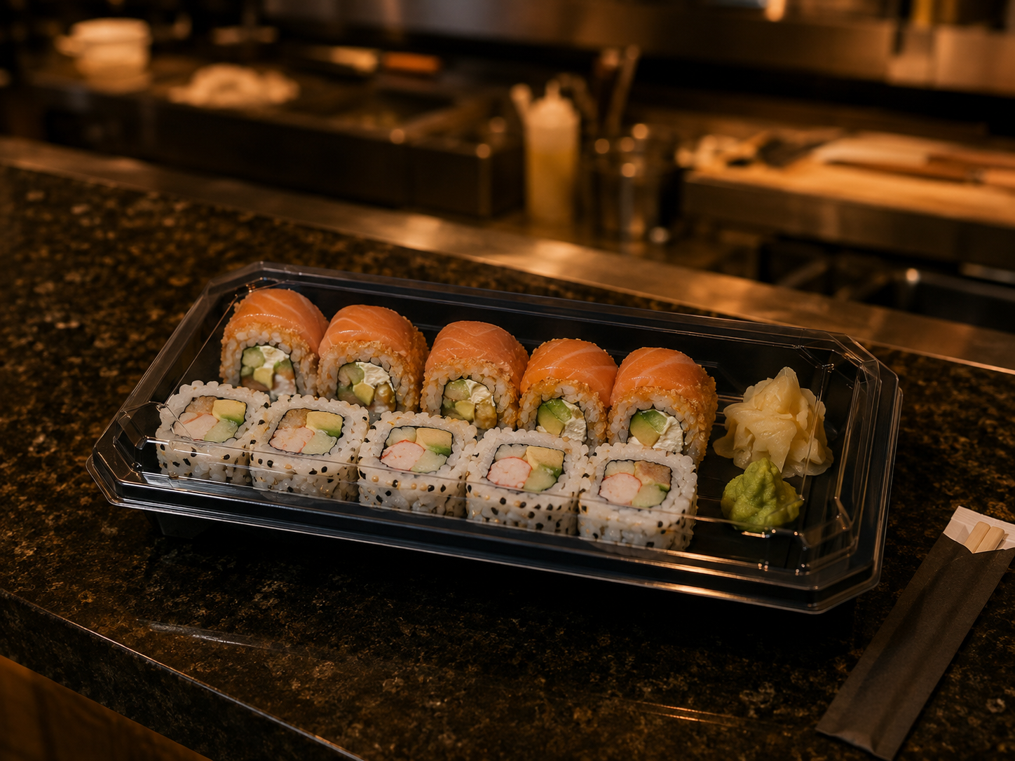 Charola para sushi negra con tapa de PLA