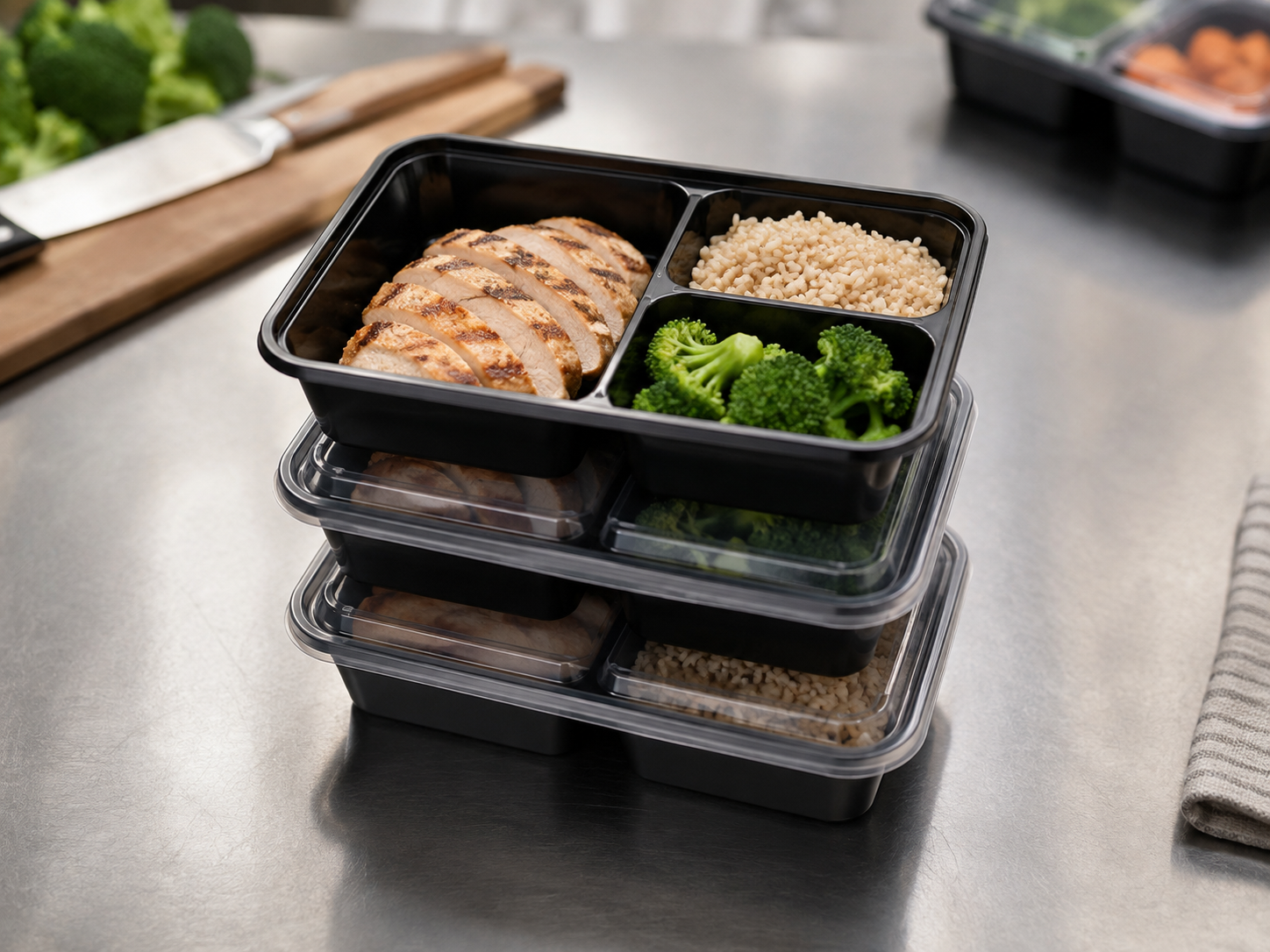 Contenedor negro para meal prep con tapa transparente