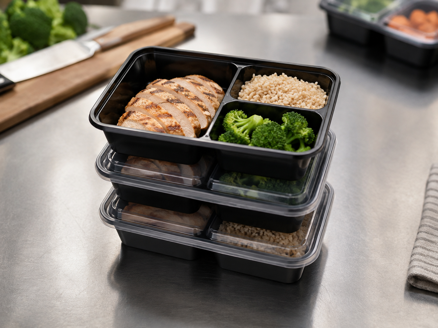 Contenedor negro para meal prep con tapa transparente