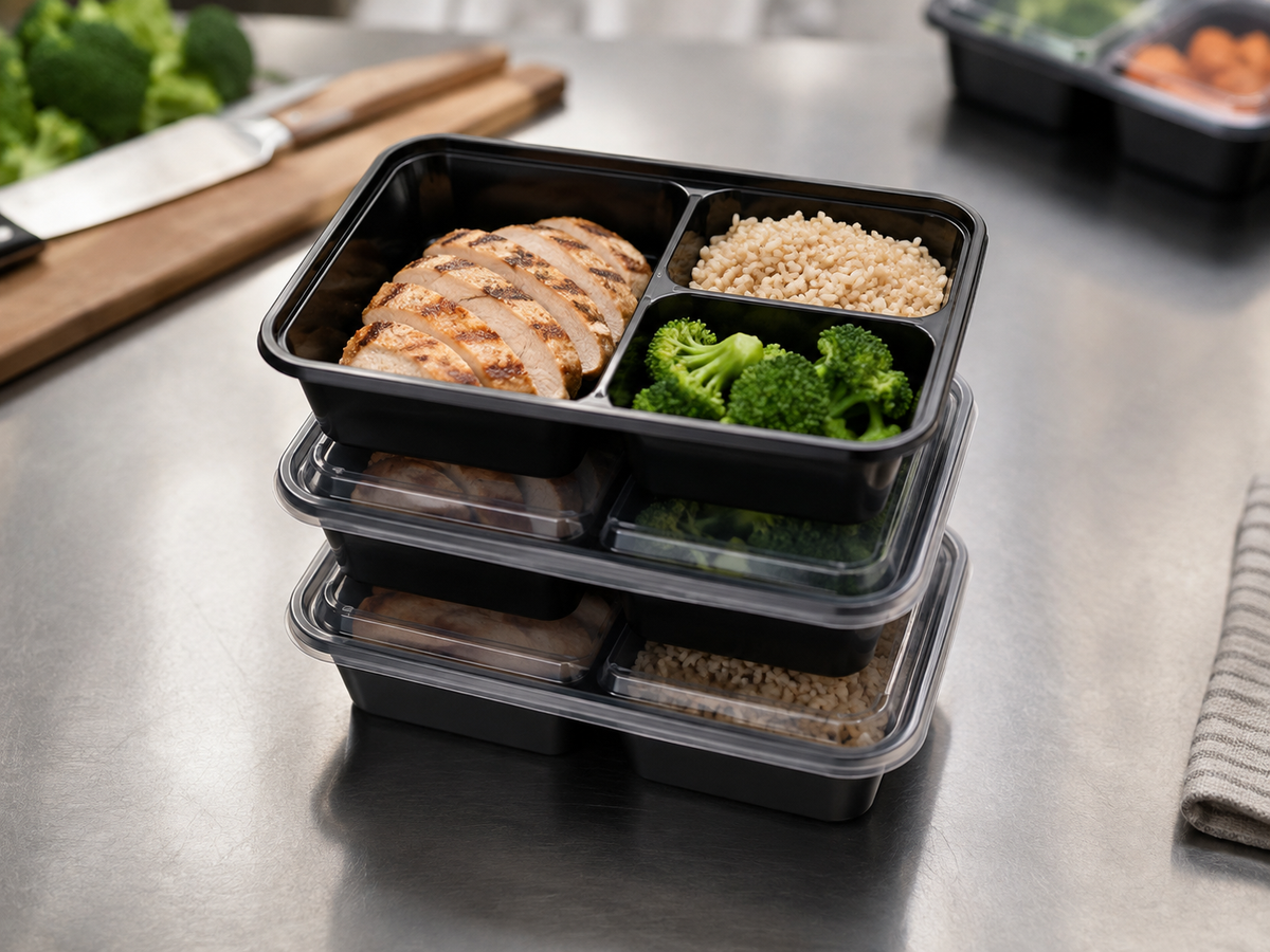 Contenedor negro para meal prep con tapa transparente